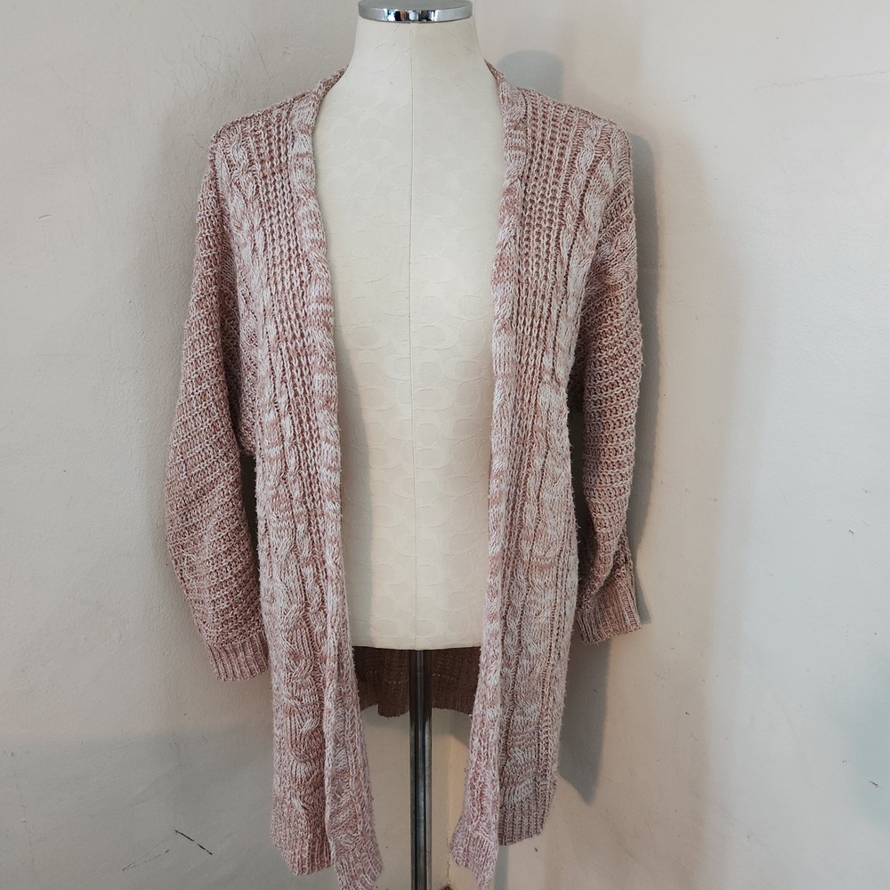 Pink Rose Womens M Peach White Marled Cable Knit Open Front Longline Cardigan